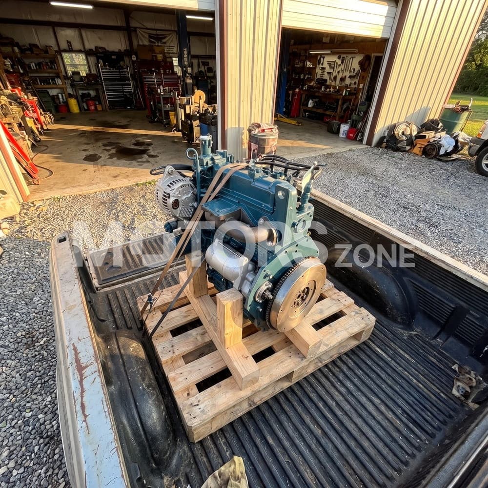 Moteur Kubota D1105 reçu par un client, sanglé dans la benne d'un pick-up